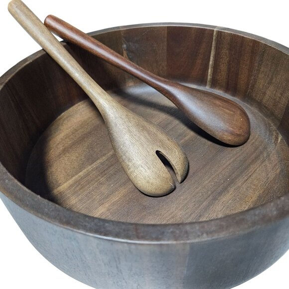 Handcrafted Wooden Salad Bowl Set 2 Serving Spoons 12 Inch Dark Walnut Finish - Picture 5 of 5